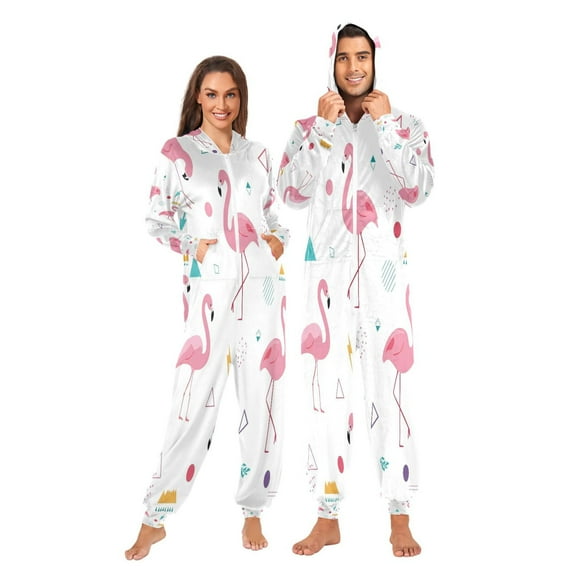 1 Piece Adult Onesie Pajamas Cozy & Loose-Fit Sleepsuit Loungewear with Pockets Cute Flamingo Pattern Small