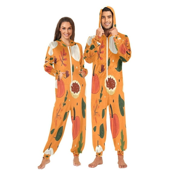 1 Piece Adult Onesie Pajamas Cozy & Loose-Fit Sleepsuit Loungewear with Pockets Cute Hand-drawn Pumpkins Small
