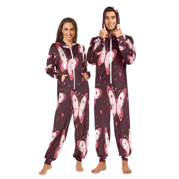1 Piece Adult Onesie Pajamas Cozy & Loose-Fit Sleepsuit Loungewear with Pockets Cute Pink Butterflies X-Small