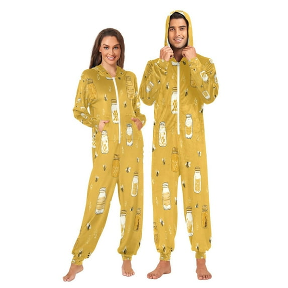1 Piece Adult Onesie Pajamas Cozy & Loose-Fit Sleepsuit Loungewear with Pockets Honey Jars and Bees Pattern X-Small