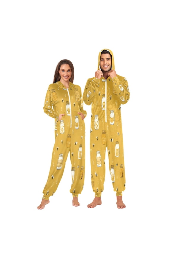 1 Piece Adult Onesie Pajamas Cozy & Loose-Fit Sleepsuit Loungewear with Pockets Honey Jars and Bees Pattern XXX-Large