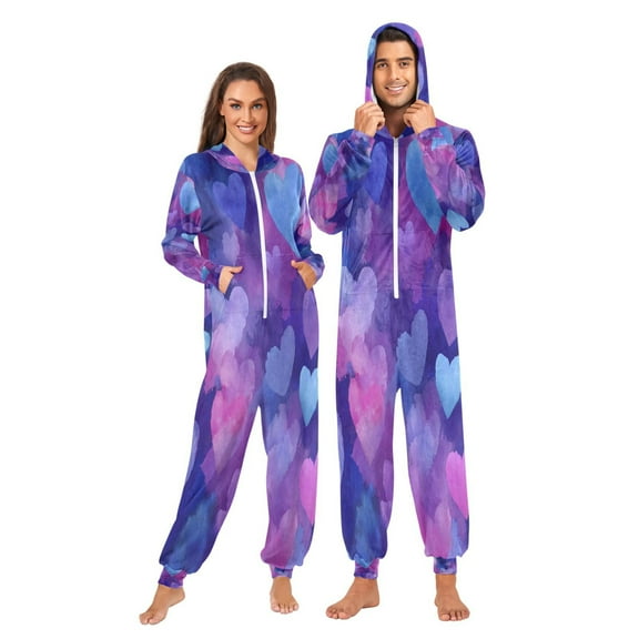 1 Piece Adult Onesie Pajamas Cozy & Loose-Fit Sleepsuit Loungewear with Pockets Indigo and Violet Hearts XX-Large