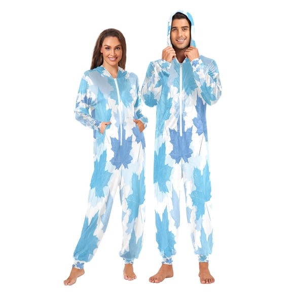 1 Piece Adult Onesie Pajamas Cozy & Loose-Fit Sleepsuit Loungewear with Pockets Light Blue Maple Leaves X-Large