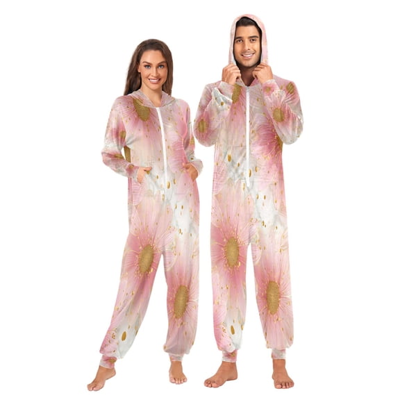 1 Piece Adult Onesie Pajamas Cozy & Loose-Fit Sleepsuit Loungewear with Pockets Light Pink Daisies XX-Large