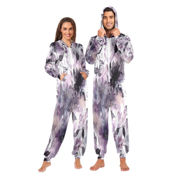 1 Piece Adult Onesie Pajamas Cozy & Loose-Fit Sleepsuit Loungewear with Pockets Light Purple and Black Floral X-Small