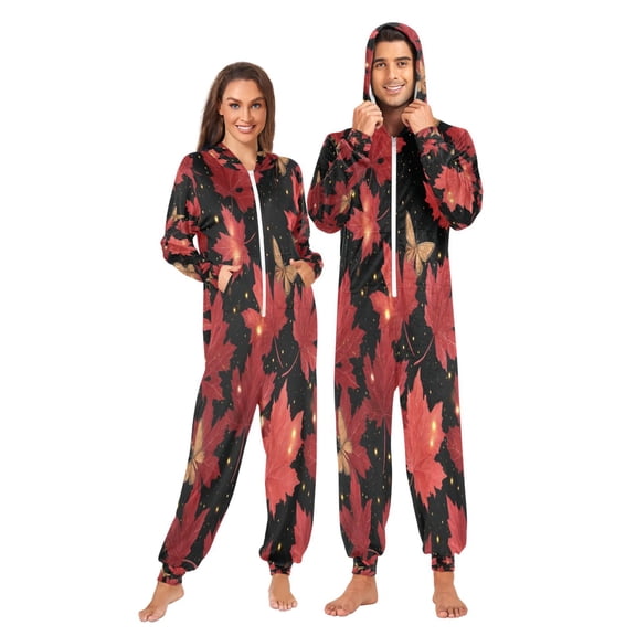 1 Piece Adult Onesie Pajamas Cozy & Loose-Fit Sleepsuit Loungewear with Pockets Maple Leaves and Fireflies X-Small