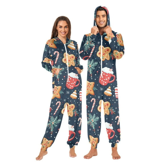1 Piece Adult Onesie Pajamas Cozy & Loose-Fit Sleepsuit Loungewear with Pockets New Year's Pattern Medium