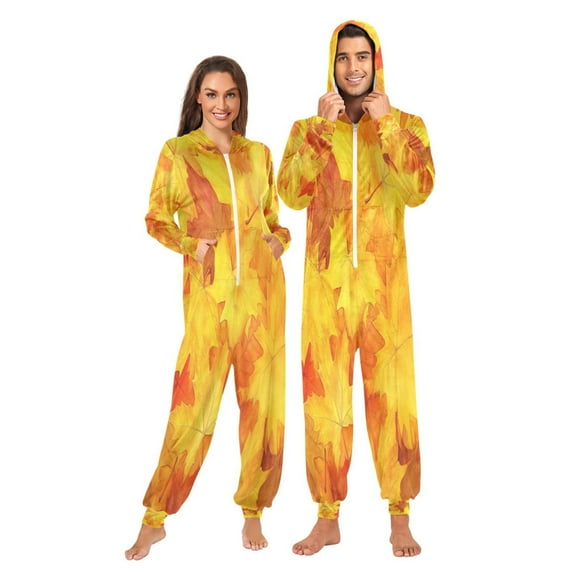 1 Piece Adult Onesie Pajamas Cozy & Loose-Fit Sleepsuit Loungewear with Pockets Orange Maple Leaves Medium