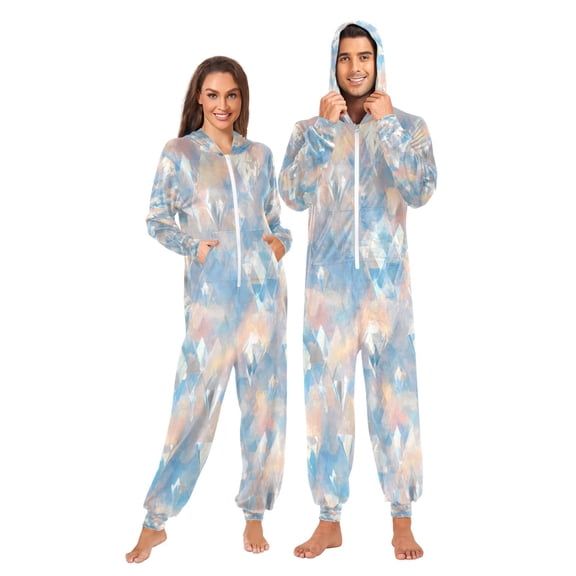 1 Piece Adult Onesie Pajamas Cozy & Loose-Fit Sleepsuit Loungewear with Pockets Peach and Blue Rhombus XXX-Large
