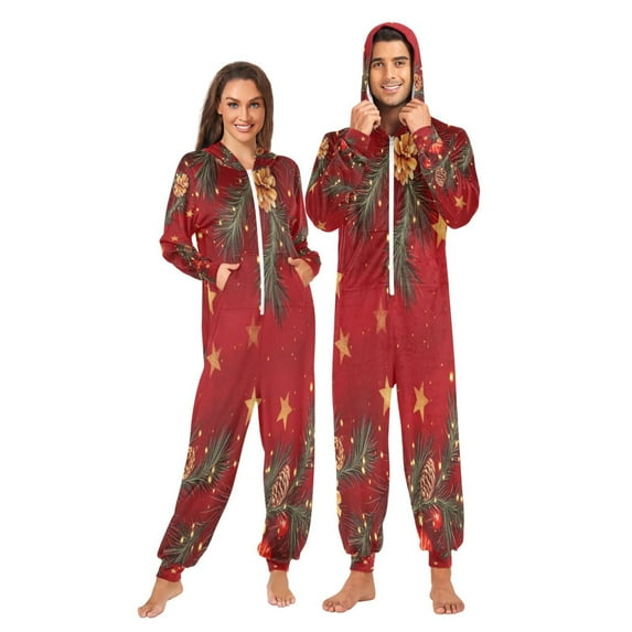 1 Piece Adult Onesie Pajamas Cozy & Loose-Fit Sleepsuit Loungewear with Pockets Pine Branchesand Stars Large