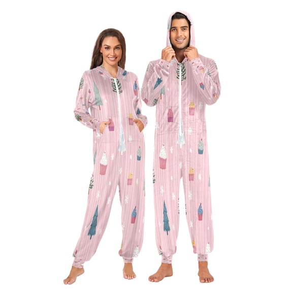 1 Piece Adult Onesie Pajamas Cozy & Loose-Fit Sleepsuit Loungewear with Pockets Pink Christmas Pattern X-Small