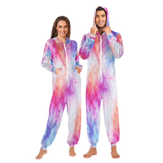 1 Piece Adult Onesie Pajamas Cozy & Loose-Fit Sleepsuit Loungewear with Pockets Pink and Blue Tie-dye Pattern X-Large