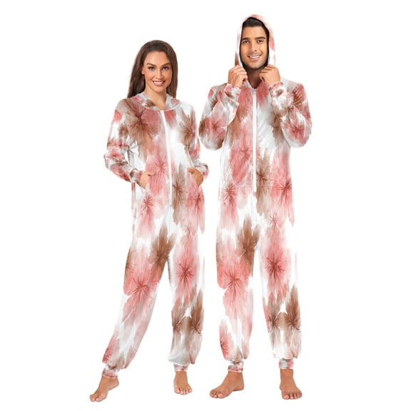 1 Piece Adult Onesie Pajamas Cozy & Loose-Fit Sleepsuit Loungewear with Pockets Pink and Brown Tie-dye Flowers X-Large