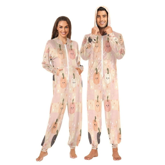 1 Piece Adult Onesie Pajamas Cozy & Loose-Fit Sleepsuit Loungewear with Pockets Pink and Peach Halloween Pattern X-Small