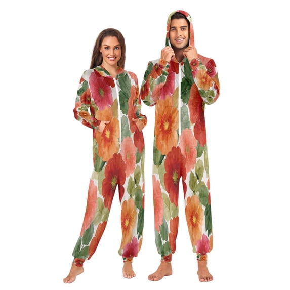 1 Piece Adult Onesie Pajamas Cozy & Loose-Fit Sleepsuit Loungewear with Pockets Red and Orange Flowers Medium