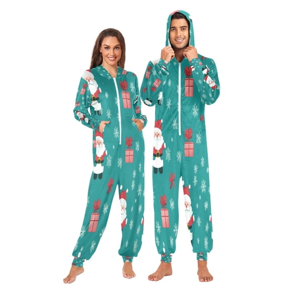 1 Piece Adult Onesie Pajamas Cozy & Loose-Fit Sleepsuit Loungewear with Pockets Santa Claus and Presents Large