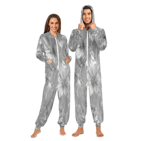 1 Piece Adult Onesie Pajamas Cozy & Loose-Fit Sleepsuit Loungewear with Pockets Silver Metal Flower Pattern Large