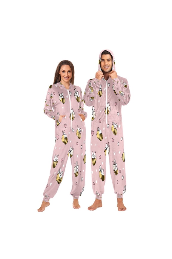 1 Piece Adult Onesie Pajamas Cozy & Loose-Fit Sleepsuit Loungewear with Pockets Small Heart and Bee Patterns X-Large