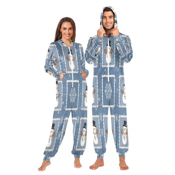 1 Piece Adult Onesie Pajamas Cozy & Loose-Fit Sleepsuit Loungewear with Pockets Smiling Snowmen Wearing Black Hats X-Large