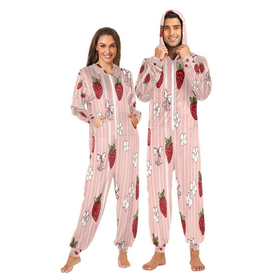 1 Piece Adult Onesie Pajamas Cozy & Loose-Fit Sleepsuit Loungewear with Pockets Strawberry and Flower X-Small