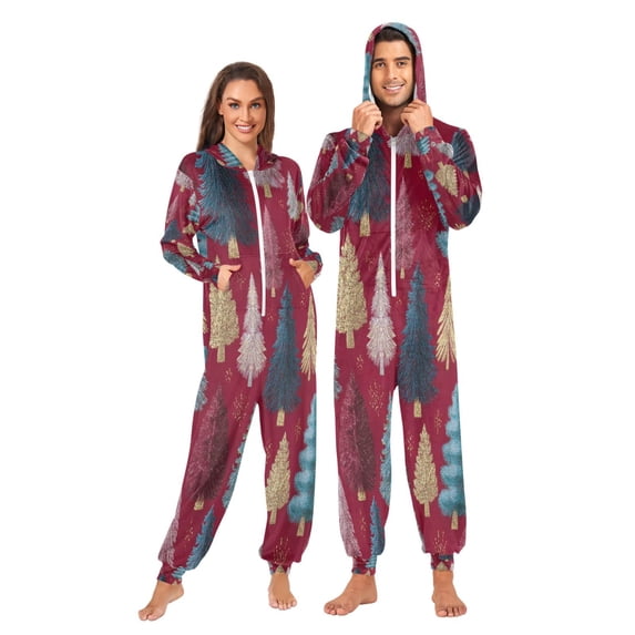 1 Piece Adult Onesie Pajamas Cozy & Loose-Fit Sleepsuit Loungewear with Pockets Stylized Christmas Trees X-Small