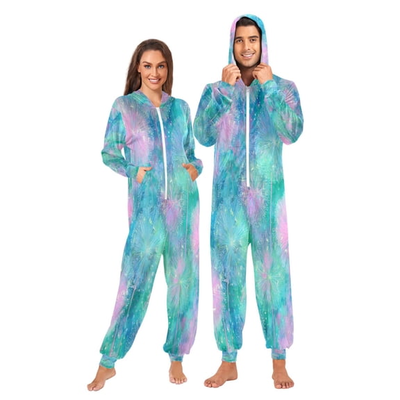 1 Piece Adult Onesie Pajamas Cozy & Loose-Fit Sleepsuit Loungewear with Pockets Tie-dye Dandelions Pattern Large