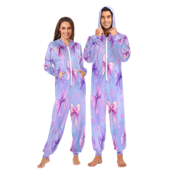 1 Piece Adult Onesie Pajamas Cozy & Loose-Fit Sleepsuit Loungewear with Pockets Watercolor Bows Pattern Small