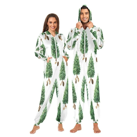 1 Piece Adult Onesie Pajamas Cozy & Loose-Fit Sleepsuit Loungewear with Pockets Watercolor Green Christmas Tree X-Small