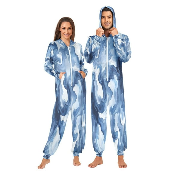 1 Piece Adult Onesie Pajamas Cozy & Loose-Fit Sleepsuit Loungewear with Pockets Watercolor Indigo Waves Medium