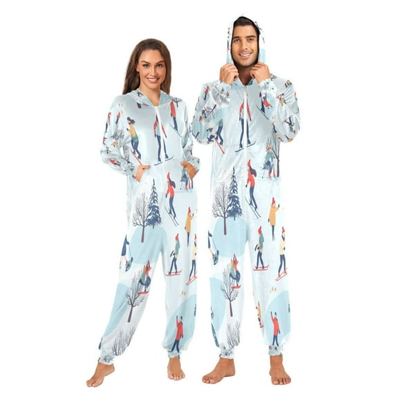 1 Piece Adult Onesie Pajamas Cozy & Loose-Fit Sleepsuit Loungewear with Pockets Winter Sports Pattern Large
