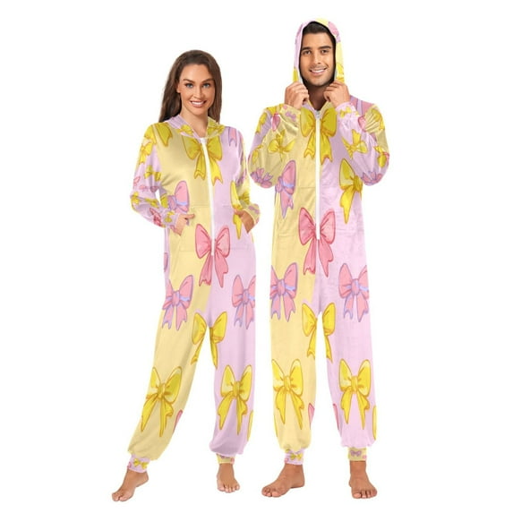 1 Piece Adult Onesie Pajamas Cozy & Loose-Fit Sleepsuit Loungewear with Pockets Yellow and Pink Bows X-Small