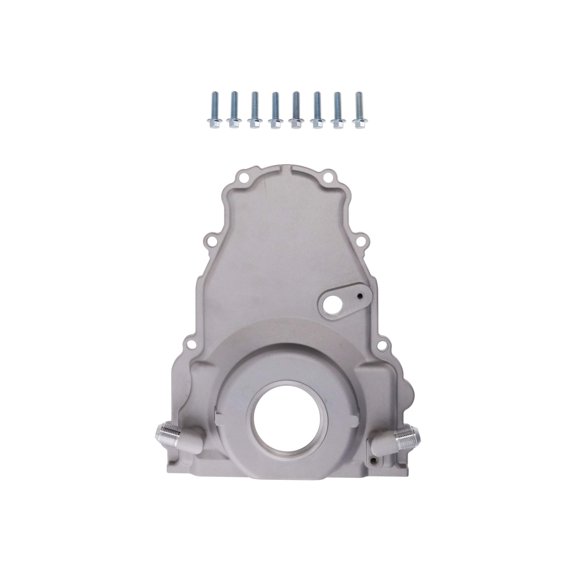 1-Piece Aluminum Timing Cover w Oil Drain, Cam Sensor for GM LS - Satin