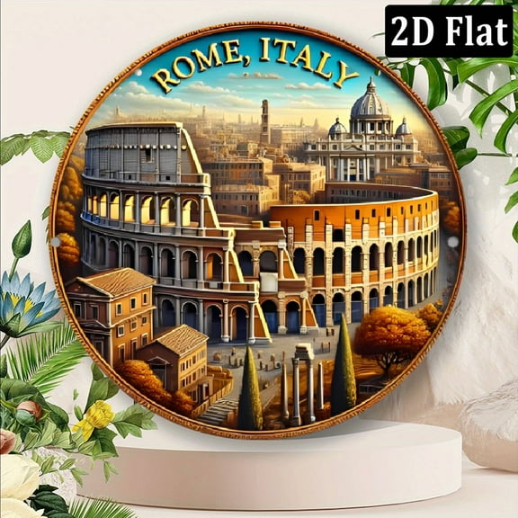 1 Piece Aluminum Wall Art with Italian Roman Theme, Vintage Signage Design, UV Resistant, Perforated to Hang Easily, Durable Aluminum Poster Board and An 8*8inch