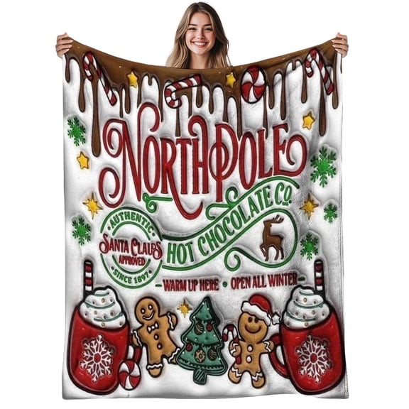 1 Piece Arctic Chocolate Company Flannel Blanket - Gingerbread Man, Hot Cocoa, and Candy Bar Patterns - Christmas Winter Bedding, Cozy Holiday Decoration