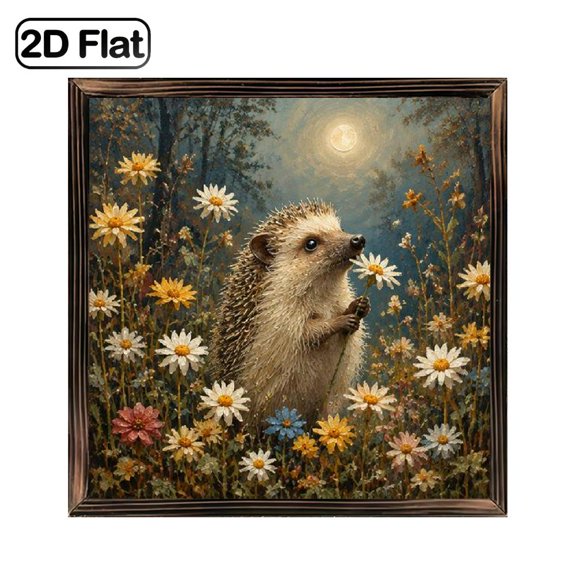 1 Piece Art Decor, Framed Wood Board Painting, 8x8 Inch, 2D Flat Theme with Cute Hedgehog in Flower Field and Moonlight Daisy Pattern, Can Be Desktop Ornament, Indoor Wall Decor Aesthetic