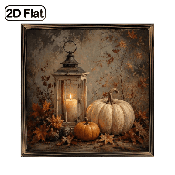 1 Piece Art Decor, Framed Wood Panel Painting, 8x8 Inch, Vintage Farmhouse Autumn Still Life Theme in Warm Fall Tones, Can Be Desk Ornament or Wall Hanging, Nice Gift for Halloween