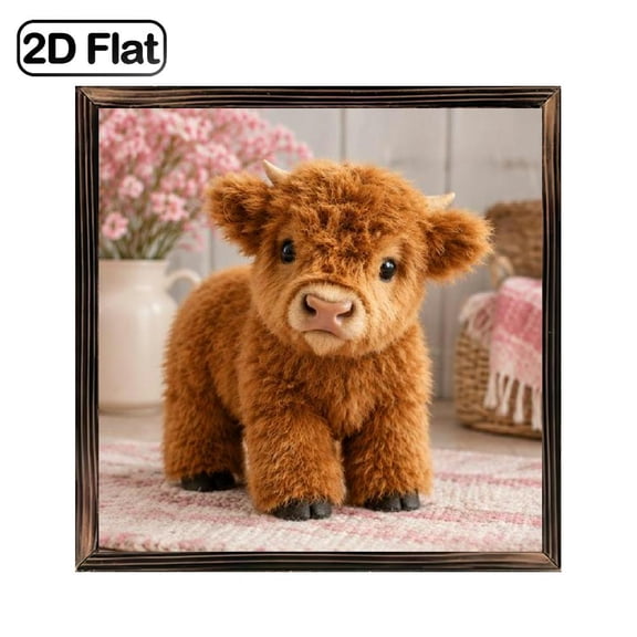 1 Piece of Art Decoration, Framed Wooden Board Painting, 8*8inch, Cute Fluffy Baby Highland Cow Farm Animal Pattern, Can Be Used as a Desktop Ornament, Indoor Wall Decoration Aesthetics