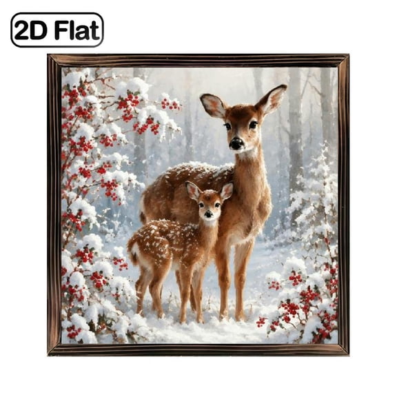 1 Piece of Art Decoration, Framed Wooden Board Painting, 8*8inch, Winter Snow Deer Family with Mother and Baby Deer in Snowy Forest Animal Pattern, Can Be Used as a Desktop Ornament