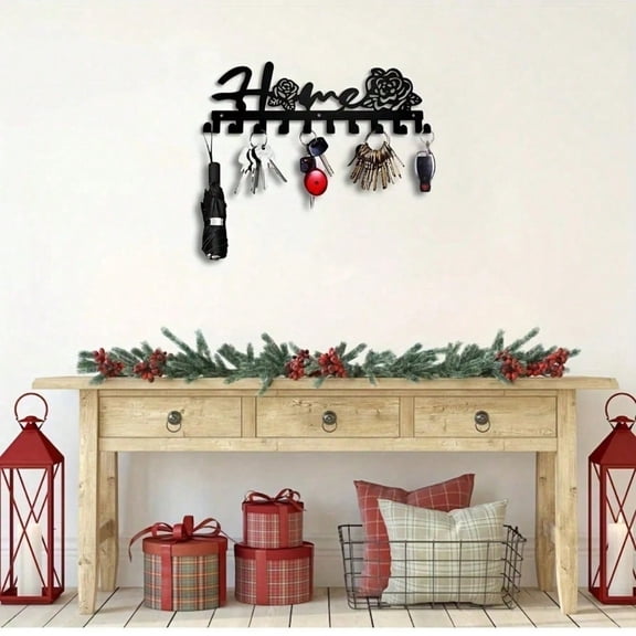 1 Piece Black Metal Hook, Home & Rose Design Metal Wall Mounted Key Coat Hook Multifunctional Decorative Hook Rack, Suitable for Bedroom Bathroom Living Room Decorative Hook Wall Rack