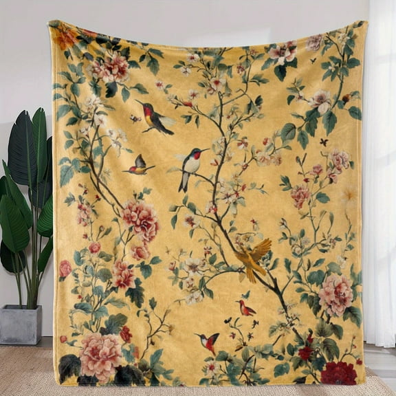 1 Piece Blanket, Vintage Hummingbird and Flower Tree Print Blanket, Warm Cozy Soft Blanket, Gift Blanket Suitable for All Seasons