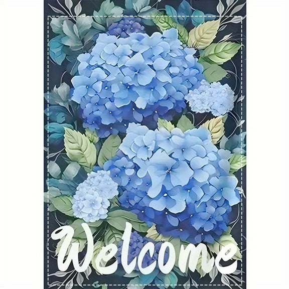 1 Piece Blue Hydrangea Welcome Garden Flag - Double-Sided Linen Design, Durable Polyester Fiber 12x18inch Outdoor Garden Decoration, Machine Washable Double Stitched Bright Flowers and Welcome Message