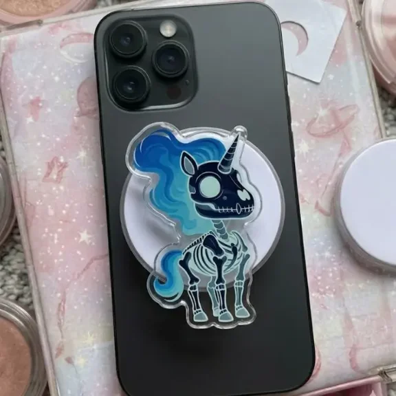 1 Piece Blue Skeleton Unicorn Phone Grip, Pastel Goth Mythical Phone Grip, Undead Creature Phone Stand, Dark Fantasy Unicorn Accessory, Unique Emo Gift for Her