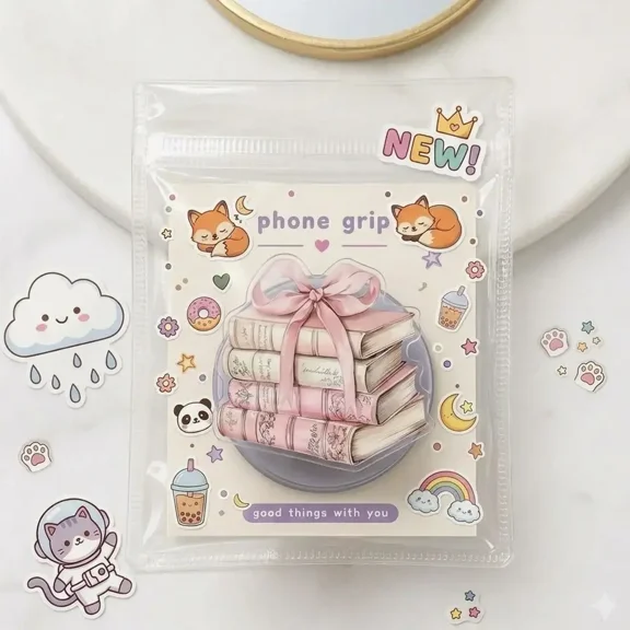 1 Piece Bookish Vibes Phone Grip Library Card Design, Kawaii Reading Gift, Trendy Student Phone Accessory
