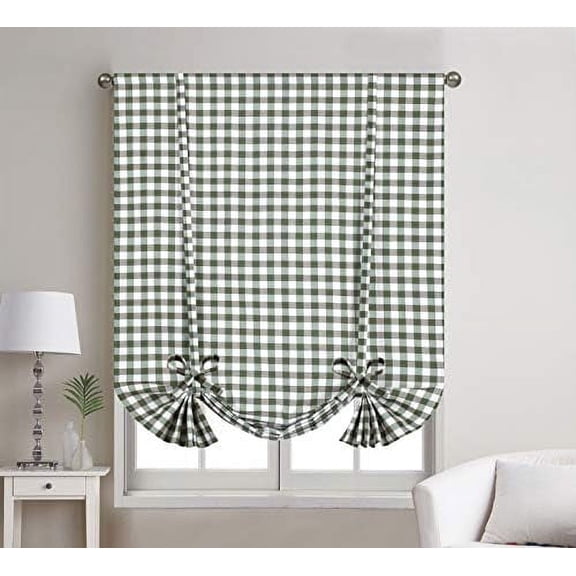 1 Piece Buffalo Check Plaid Gingham Rod Pocket Window Tie Up Shade Curtain Panel (42" X 63", Sage/Beige)