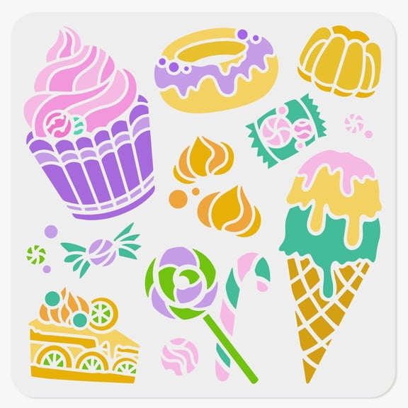 1 Piece Candy and Cake Craft Art Stencil 11.8"x11.8" Dessert and Ice Cream Plastic Reusable Stencil DIY for Wood Burning Paint Template DIY for Painting on Wall Wood Fabric Canvas Furniture