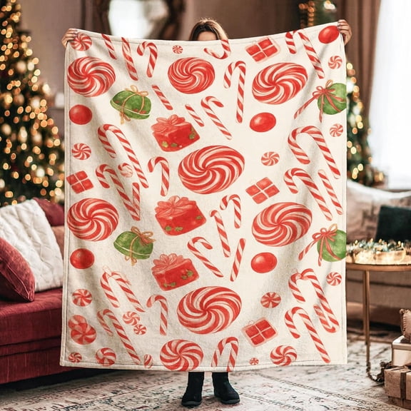 1 Piece Candy Cane Pattern Blanket - Red and White Striped Fleece Bedspread, Ultra Soft and Comfortable Christmas Bedding