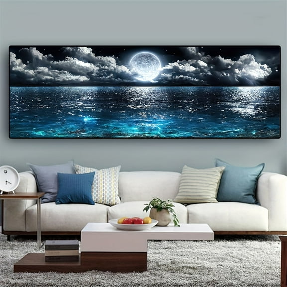 1 Piece Canvas Painting, Modern Abstract Ocean and Night Moon Landscape, Living Room, Decorative Wall Art, Wall Decoration, Home Decor, Wall Art, Frameless, Multiple Types