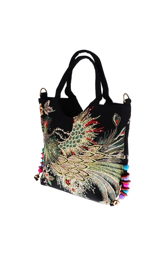 1 Piece Canvas Pattern Embroidery Tote Bag Elegant Design for Daily Use Black