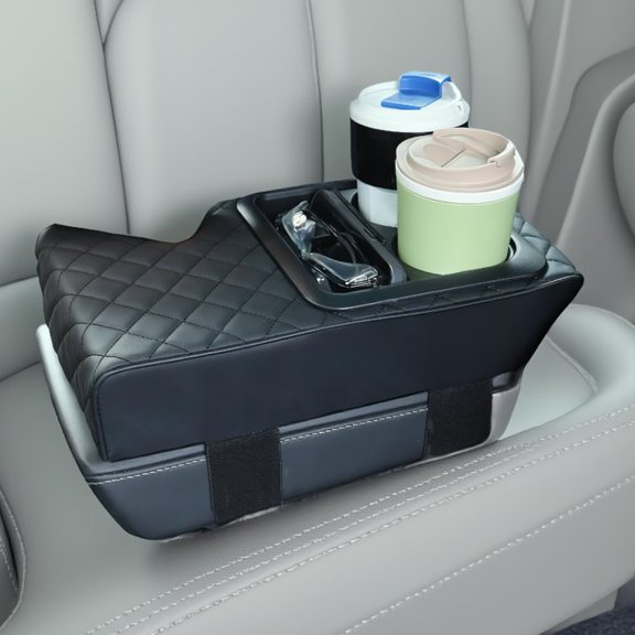 1-Piece Car Center Console Armrest Cushion with Cup Holder and Phone Storage, Faux Leather Foam Cover, Black