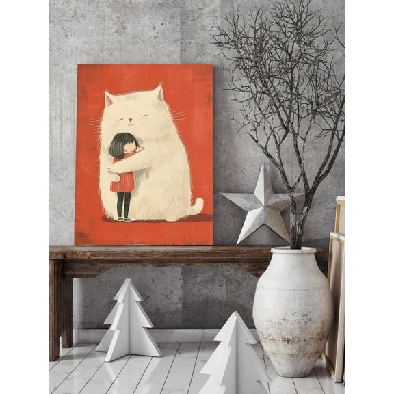 1 Piece Charming Cat Hug Wall Art for Living Room, Bedroom, Kitchen, Office, Cafe Decoration, Modern Bedroom Painting, Cozy Home Decor for Warm Space, Frameless, Frame Optional